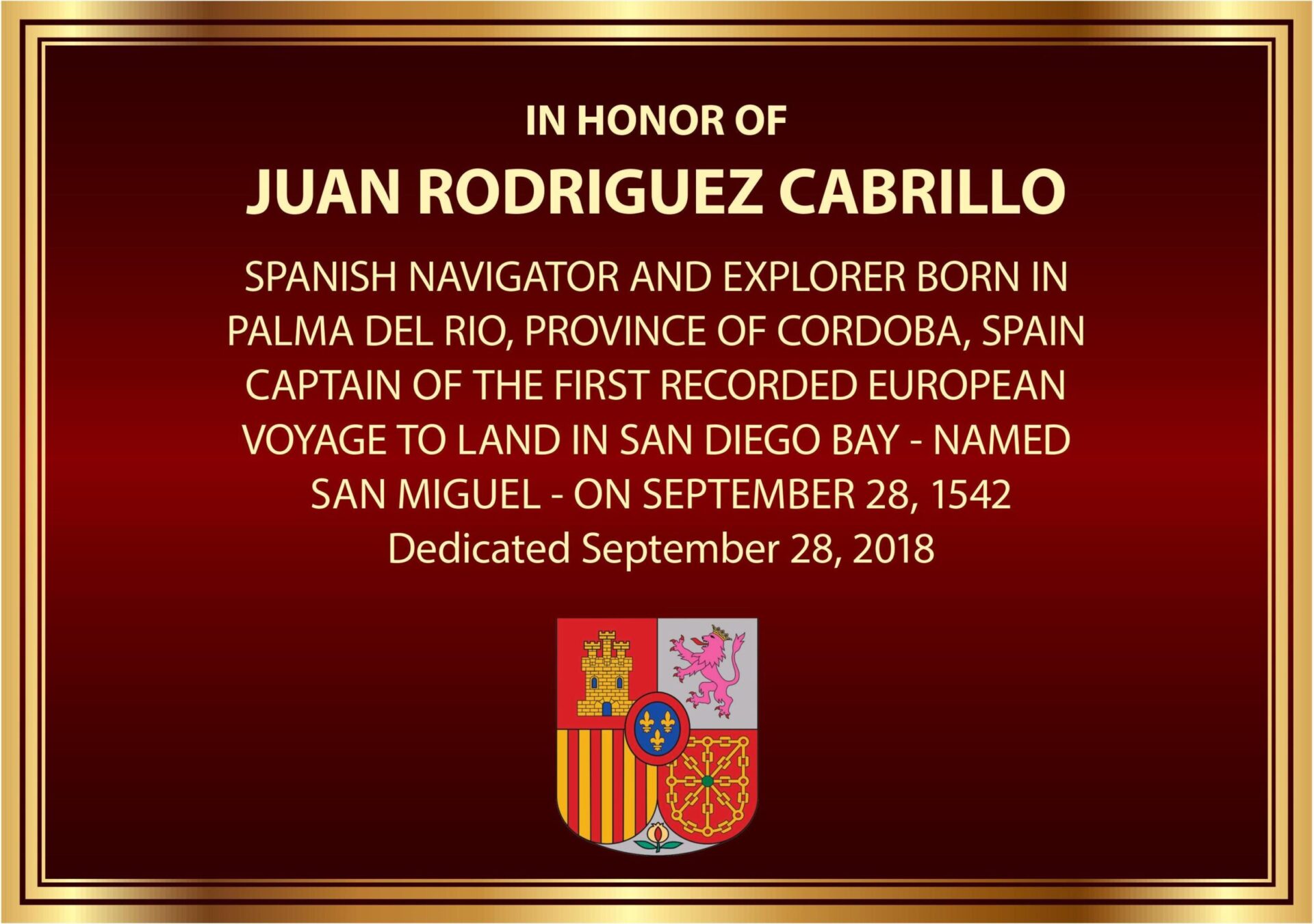 Placa de dedicación a Juan Rodríguez Cabrillo