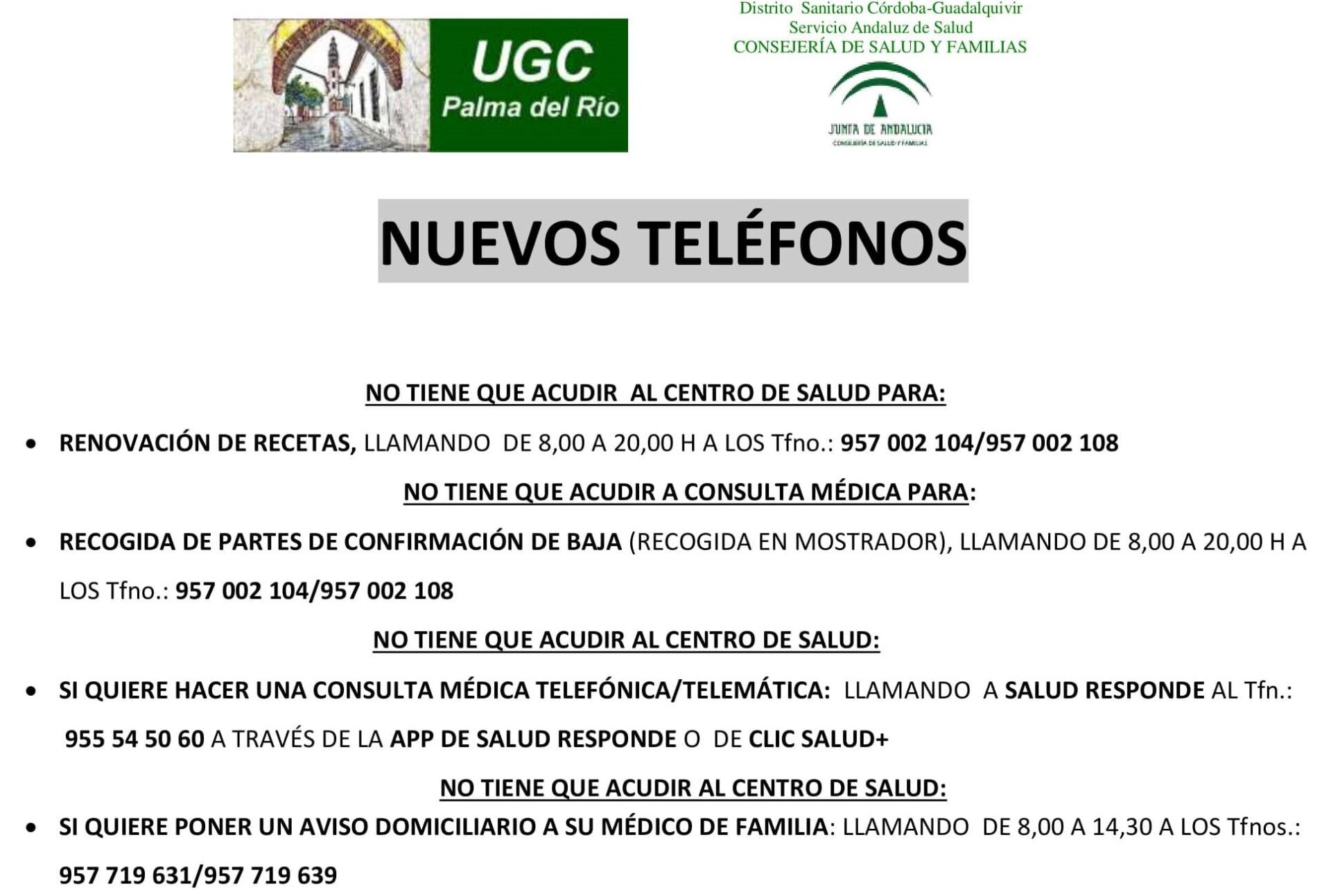 Nuevos números de teléfono del Centro de Salud de Palma del Río 1